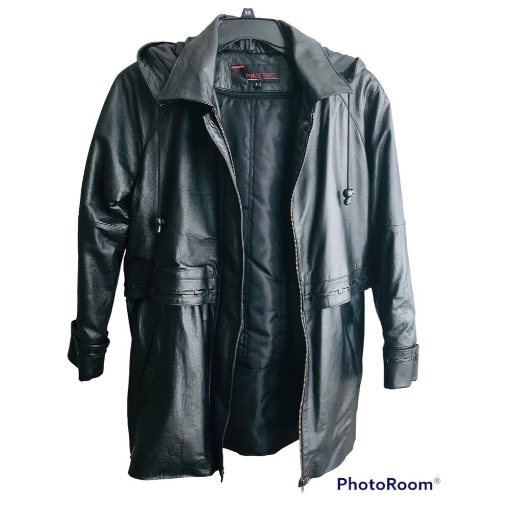 PHASE TWO LEATHER WOMEN'S LONG JACKET WITH REMOVABLE FAUX FUR LINING SIZE S